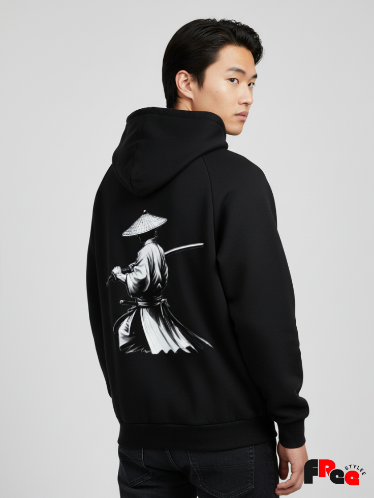 Unisex Black Samurai Warrior Back Print Hoodie – Premium Fleece Japanese Streetwear Sweatshirt