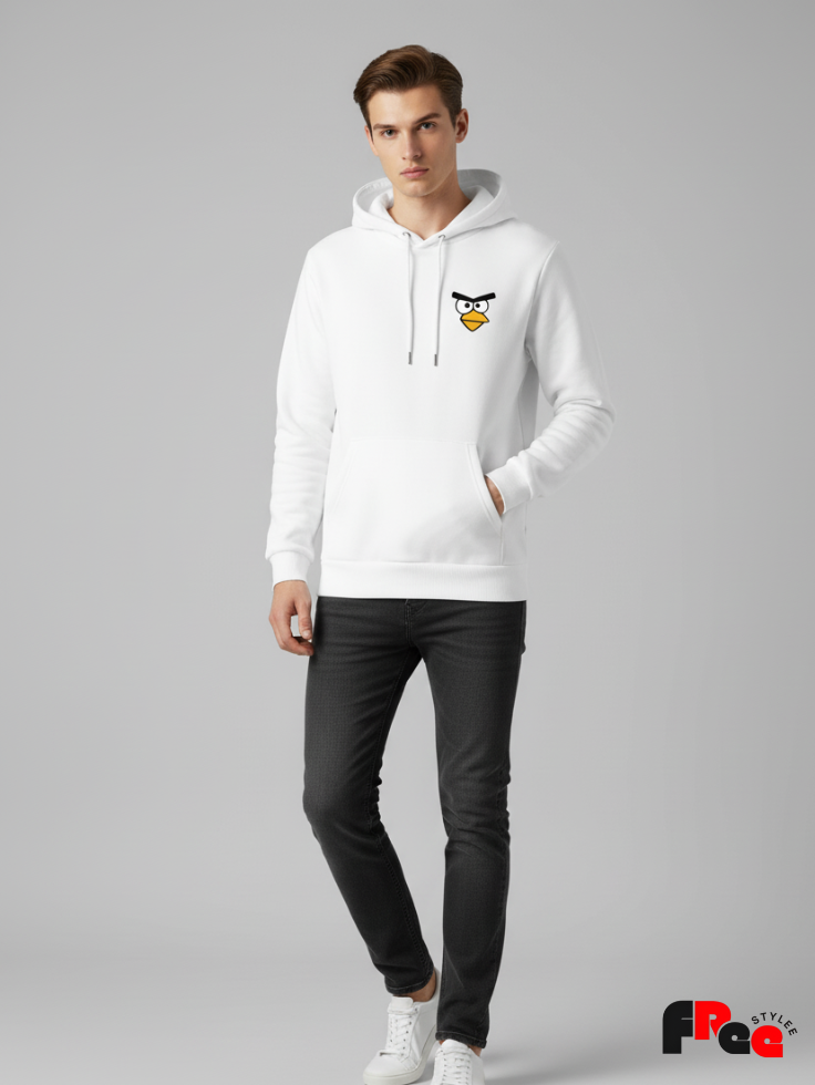 Angry Bird Face front and back printed White Hoodie | Minimal Cartoon Unisex Streetwear Sweatshirt
