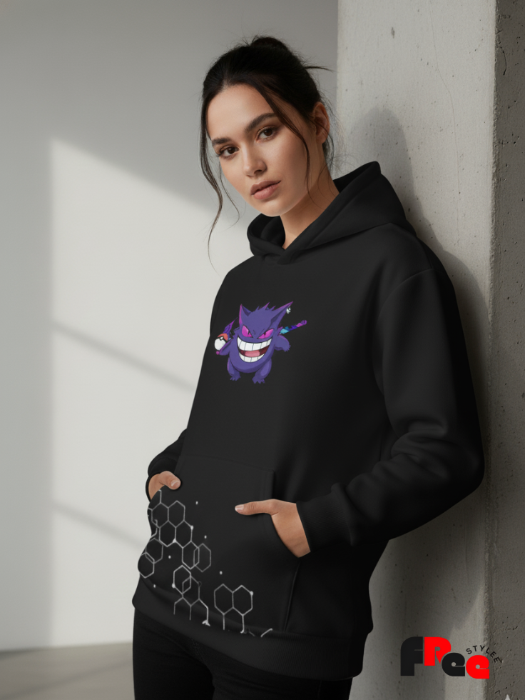 Free Stylee Gengar Anime Print Black Oversized Unisex Hoodie | Pokemon Streetwear Sweatshirt