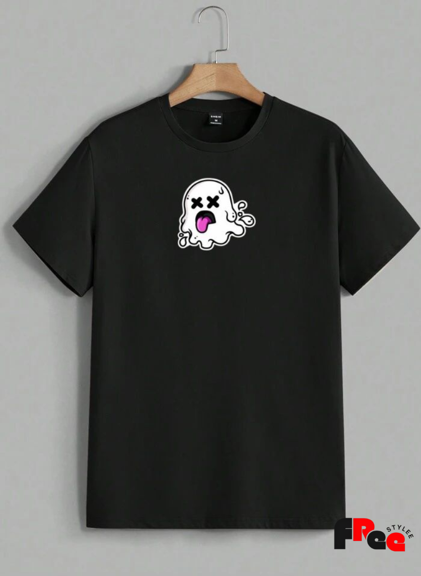 Free Stylee Drippy Ghost Cartoon Print Black Oversized Unisex T-Shirt | Trendy Streetwear Tee
