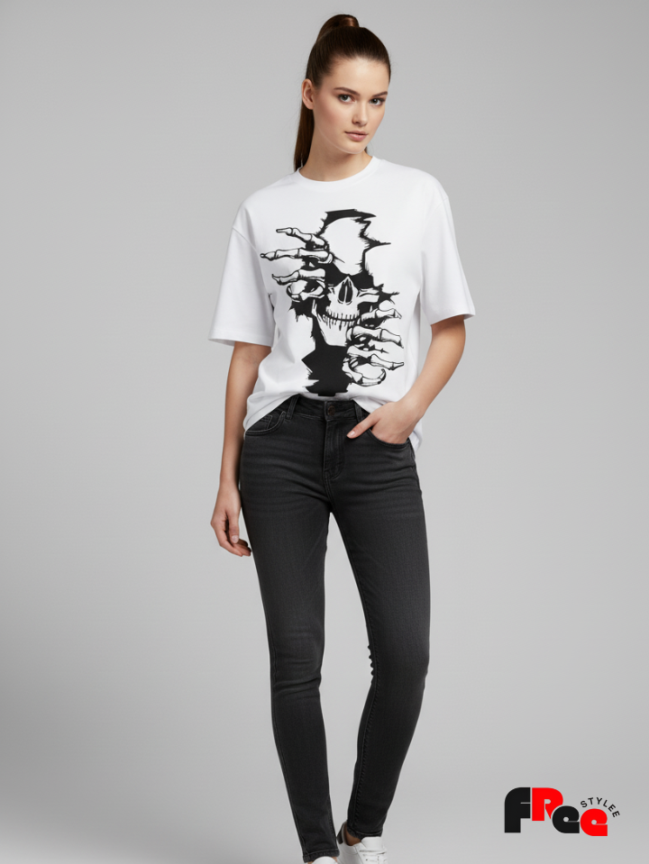 Skeleton Face Hands White T-Shirt | Dark Gothic Aesthetic Oversized Streetwear Tee