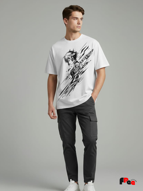 Anime Warrior Slash Art White T-Shirt | Japanese Manga Oversized Streetwear Tee