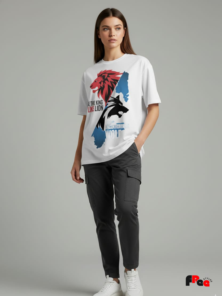 Be The King Like Lion White T-Shirt | Motivational Wolf Graphic Oversized Tee