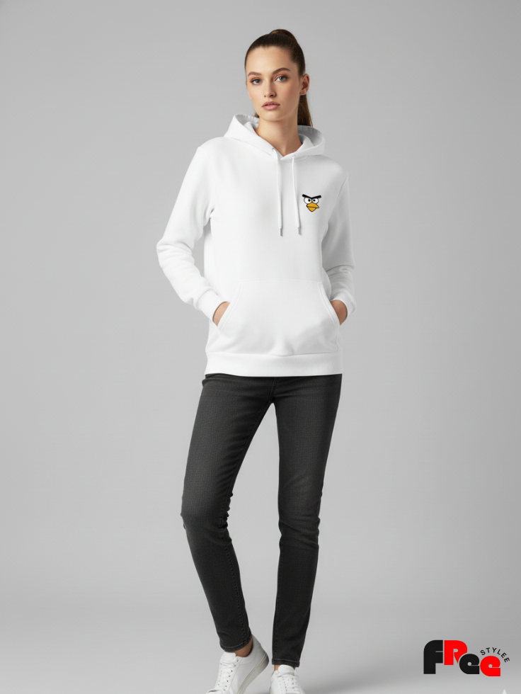 Angry Bird Face front and back printed White Hoodie | Minimal Cartoon Unisex Streetwear Sweatshirt