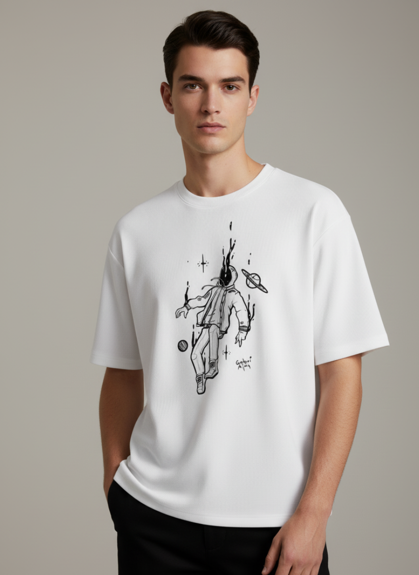 Free Stylee Musical Guitar & Treble Clef Print White Oversized T-Shirt for Men | Aesthetic Music Tee