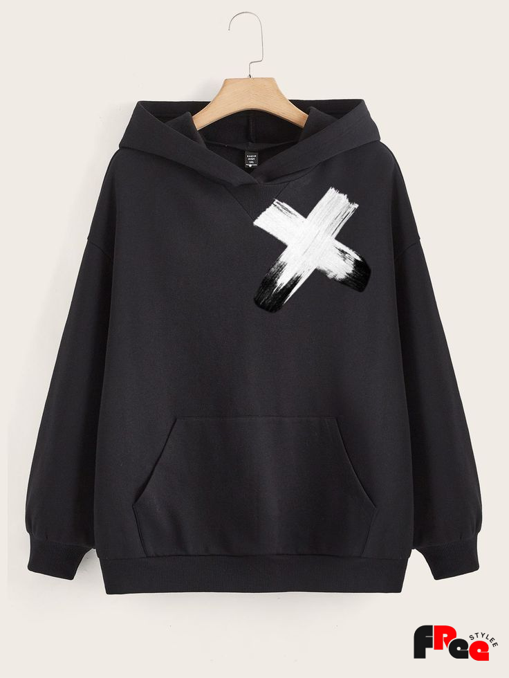 Minimal Brush Cross Black Hoodie | Premium Aesthetic Unisex Winter Sweatshirt