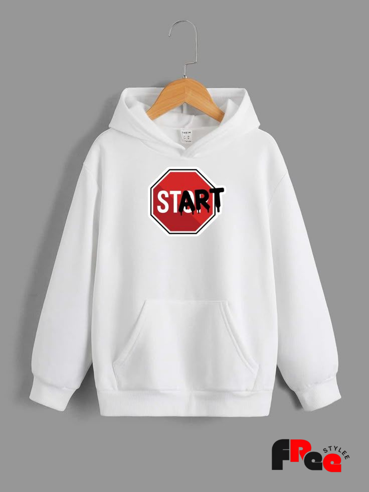Free Stylee START Stop Sign Graphic White Oversized Unisex Hoodie | Urban Streetwear Sweatshirt