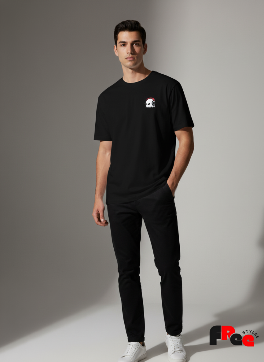 Free Stylee Drippy Ghost Cartoon Print Black Oversized Unisex T-Shirt | Trendy Streetwear Tee