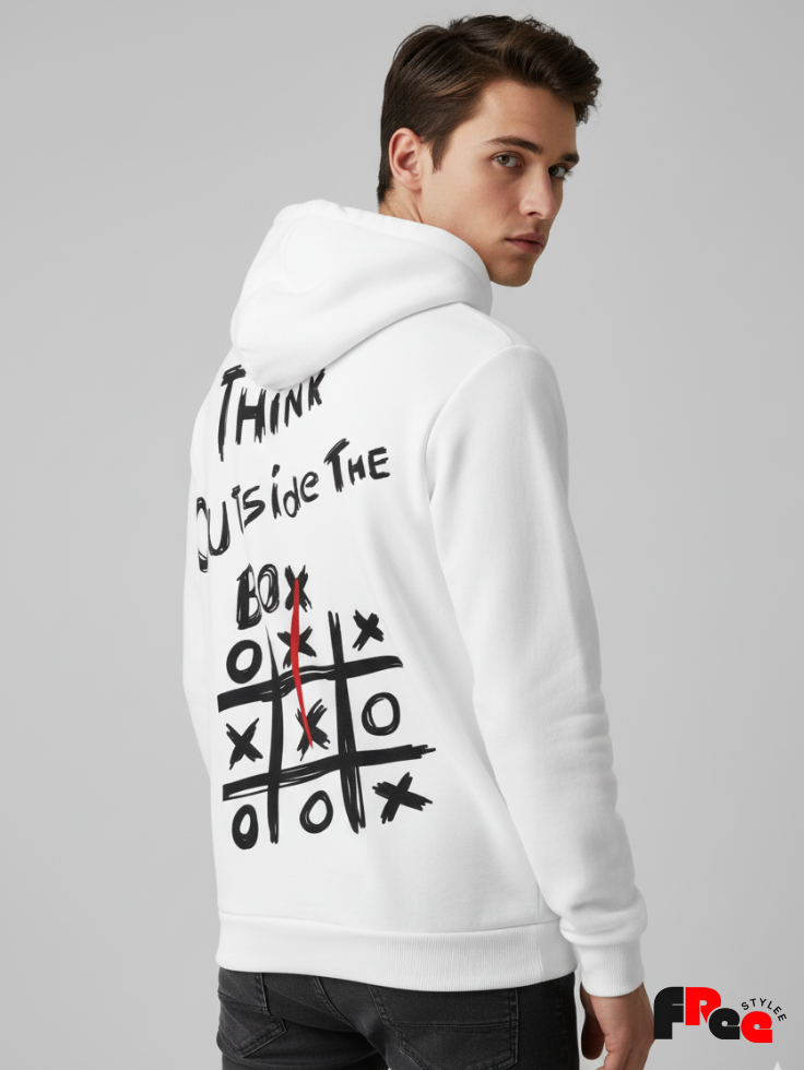 Unisex White “Think Outside The Box” Printed Hoodie – Premium Fleece Motivational Streetwear Sweatshirt