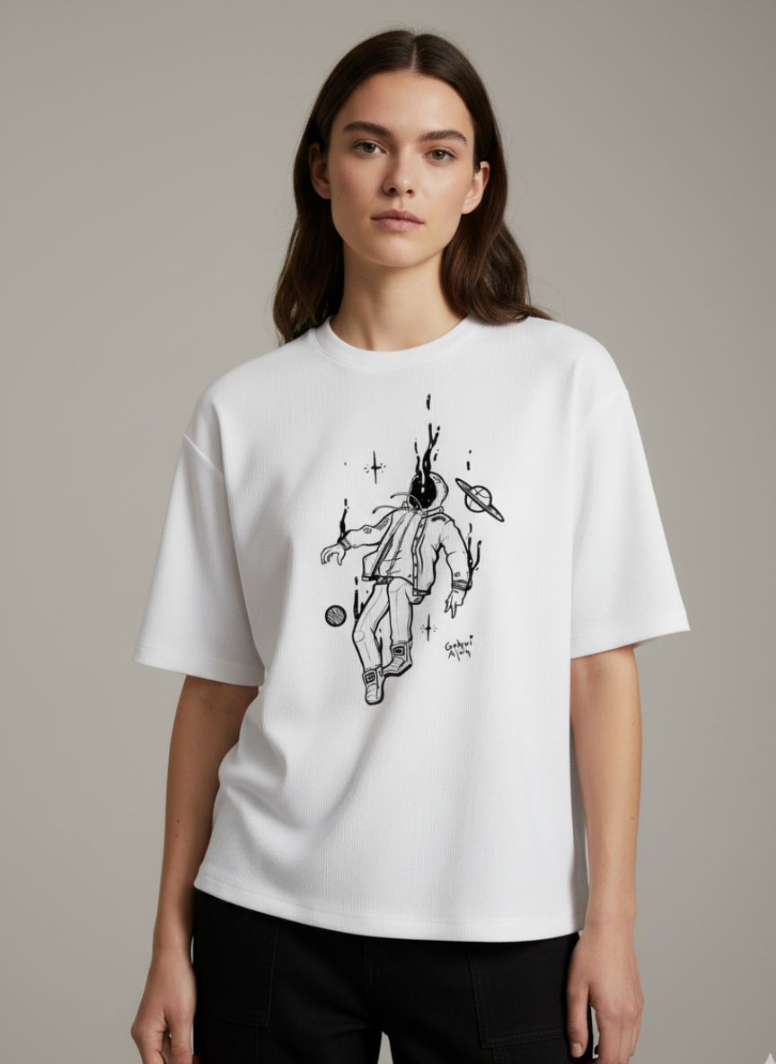 Free Stylee Musical Guitar & Treble Clef Print White Oversized T-Shirt for Men | Aesthetic Music Tee