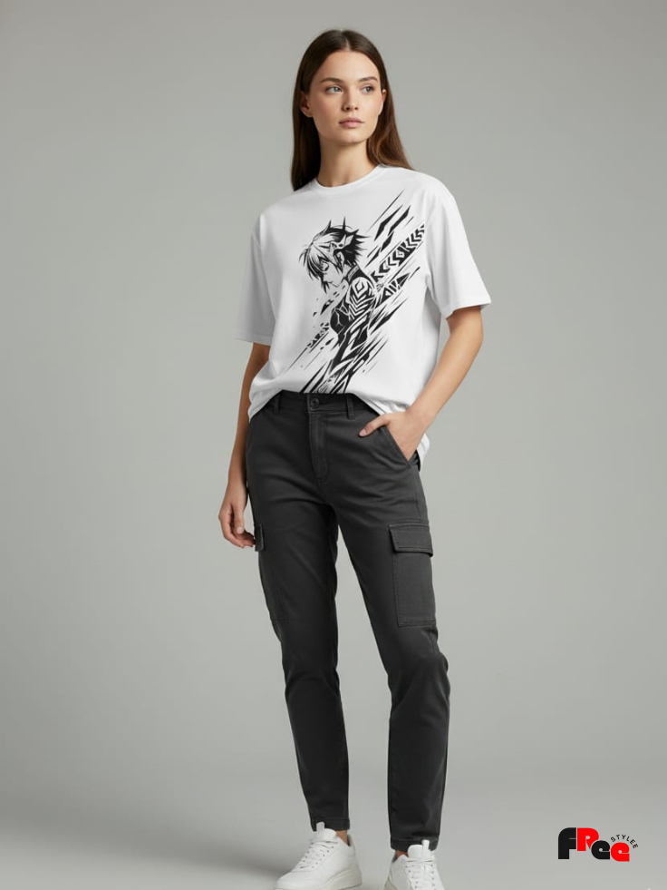 Anime Warrior Slash Art White T-Shirt | Japanese Manga Oversized Streetwear Tee