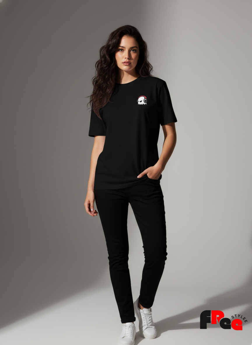 Free Stylee Drippy Ghost Cartoon Print Black Oversized Unisex T-Shirt | Trendy Streetwear Tee