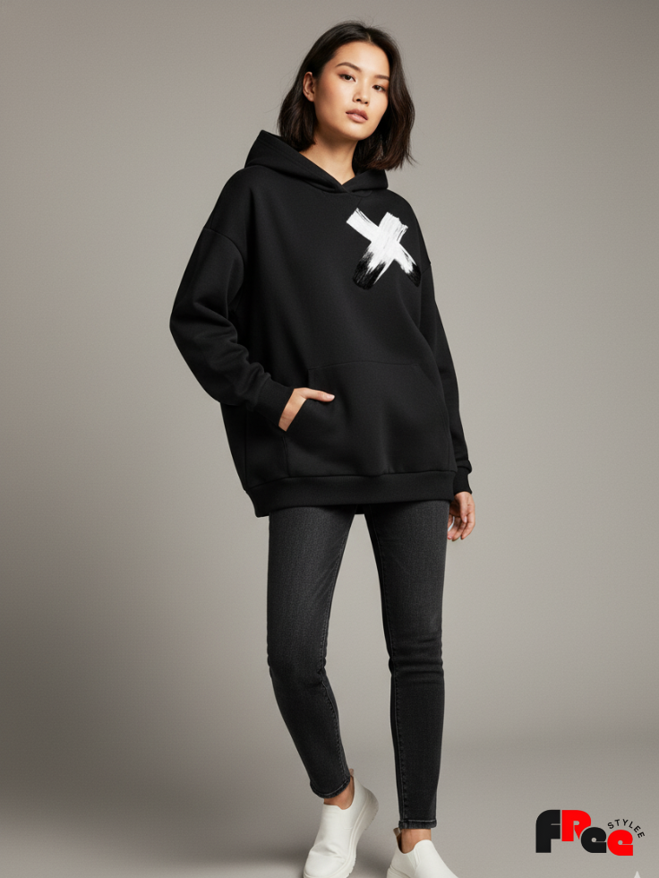 Minimal Brush Cross Black Hoodie | Premium Aesthetic Unisex Winter Sweatshirt