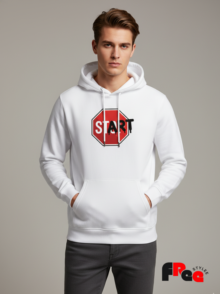 Free Stylee START Stop Sign Graphic White Oversized Unisex Hoodie | Urban Streetwear Sweatshirt