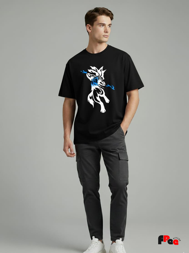 Tribal Wolf Blue Flame Black T-Shirt | Aesthetic Animal Graphic Oversized Streetwear
