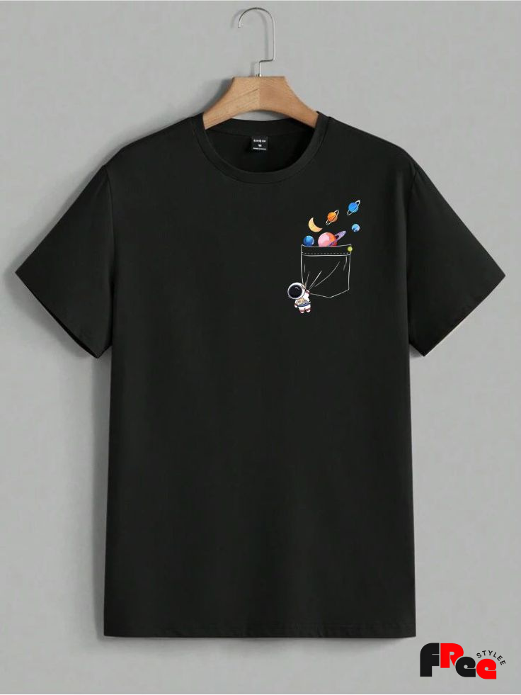 Astronaut Pocket Galaxy Black T-Shirt | Cute Space Aesthetic Oversized Tee