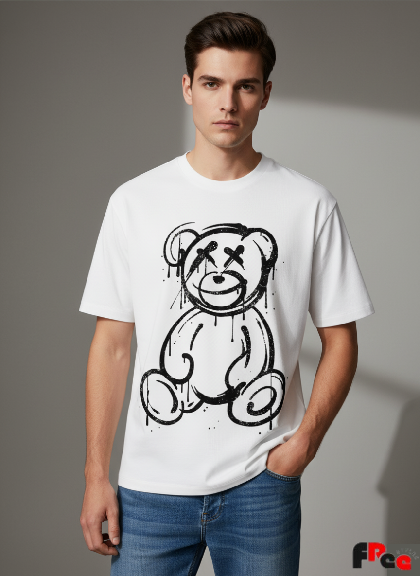 Free Stylee Graffiti Teddy Bear Print White Regular Fit Unisex T-Shirt | Urban Aesthetic Streetwear Tee