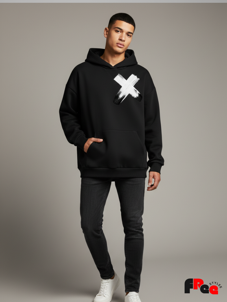 Minimal Brush Cross Black Hoodie | Premium Aesthetic Unisex Winter Sweatshirt