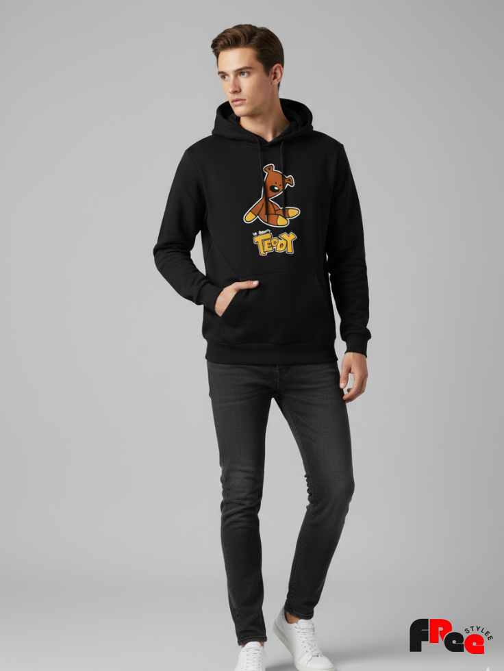 Cute Teddy Bear Black Hoodie for Men & Women | Aesthetic Cartoon Oversized Sweatshirt