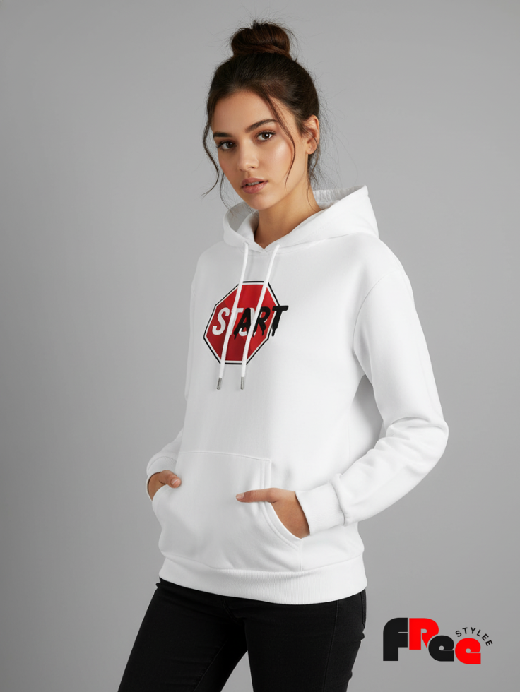 Free Stylee START Stop Sign Graphic White Oversized Unisex Hoodie | Urban Streetwear Sweatshirt