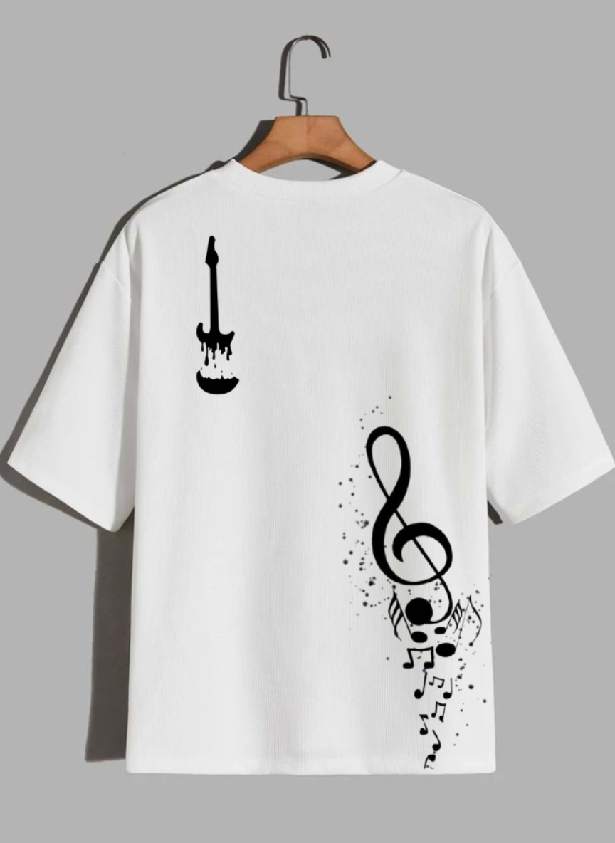Free Stylee Musical Guitar & Treble Clef Print White Oversized T-Shirt for Men | Aesthetic Music Tee