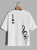 Free Stylee Musical Guitar & Treble Clef Print White Oversized T-Shirt for Men | Aesthetic Music Tee
