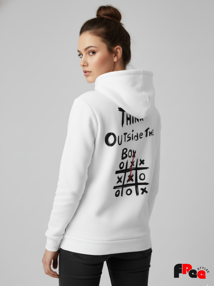 Unisex White “Think Outside The Box” Printed Hoodie – Premium Fleece Motivational Streetwear Sweatshirt